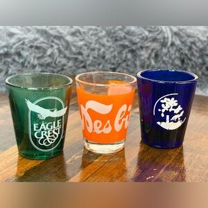 Colorful Shot Glass Set of 3 Wolf Nesbitt’s Eagle Crest Blue Orange Green Glass